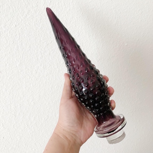 SOLD ON Ⓜ️ | Vintage Large Glass Amethyst Hobnail Genie Bottle Stopper - 11.5”